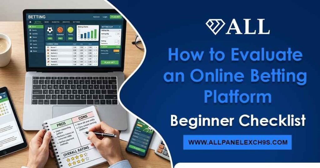 Infographic displaying a beginner guide checklist for evaluating an online betting platform, featuring security badges and user experience steps.