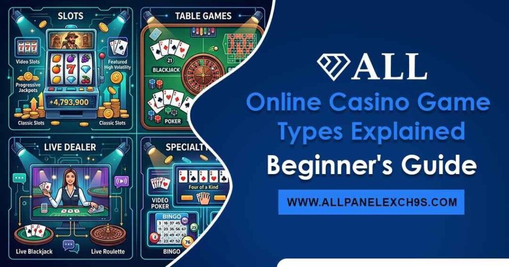 Online casino game types explained diagram showing slots, table games, and live dealer options for beginners.
