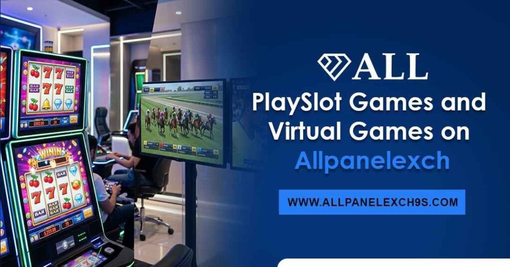 Allpanelexch slot games and virtual sports interface showing digital slot reels and simulated sports events on a mobile device.