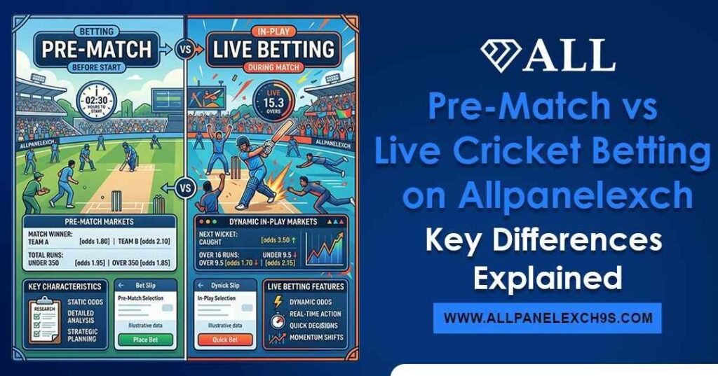 Pre-match vs live cricket betting on Allpanelexch comparison dashboard displaying match insights and odds analysis.